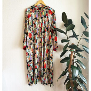 Natori Midi Dynasty Crowed City Print Caftan Dress XL Zip Satin Novelty Artsy